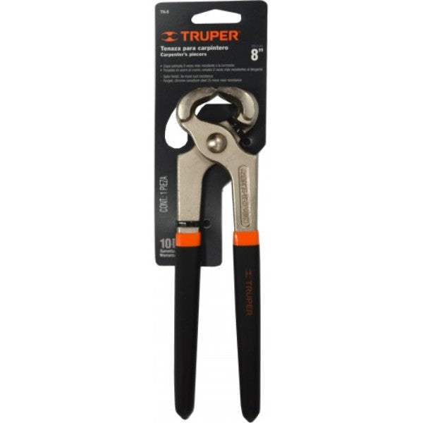 Durable 8-inch Truper carpenter's pincers with non-slip handles, ideal for precise cuts and nail extraction.