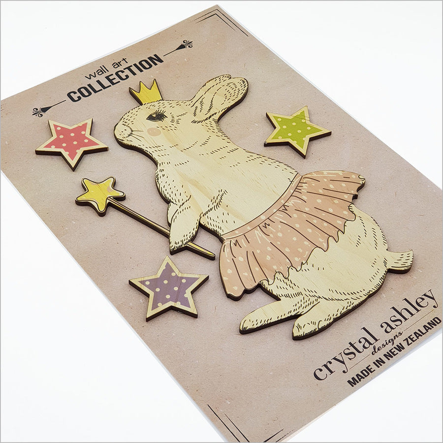 Handcrafted pine wall art featuring charming Bellarina bunnies, perfect for nurseries and cozy decor.