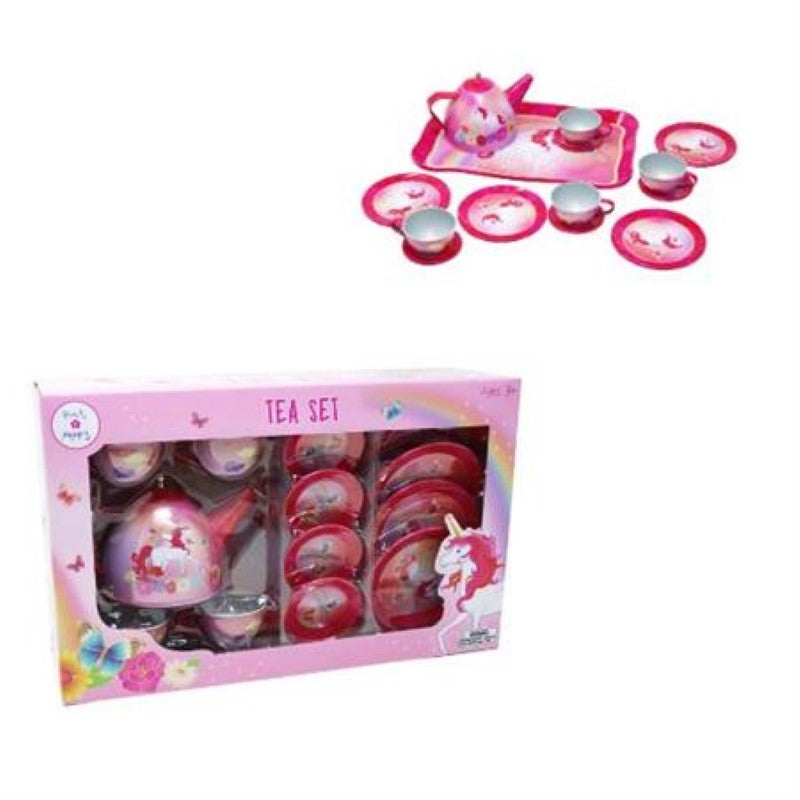 Kids Play Pretend Tin Tea Set - PP Unicorn Butterfly 14 Piece