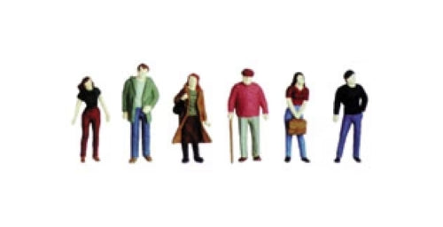 Set of six detailed painted city figures for HO/OO gauge model railways, ideal for enhancing realism in dioramas.