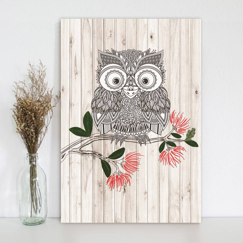 Kiwiana wall art featuring a Morepork on lightweight plywood, perfect for enhancing any room's decor.