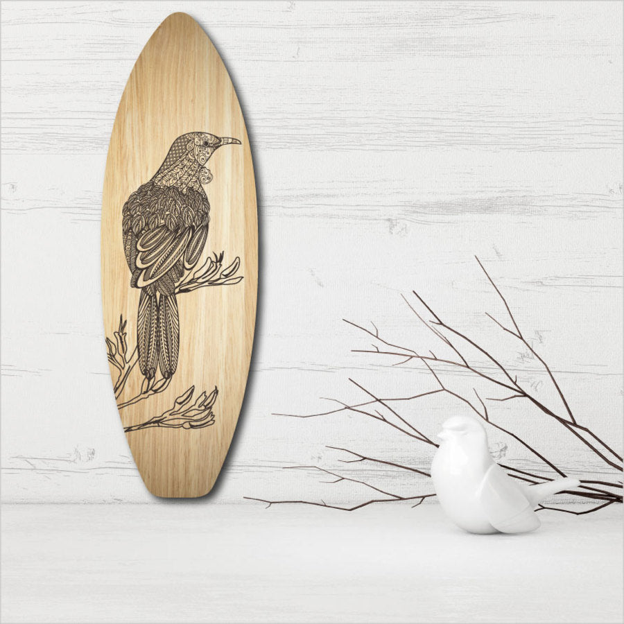 Zentangle Tui Wall Art on wood, eco-friendly, vibrant colors, perfect for surf enthusiasts and nature lovers.