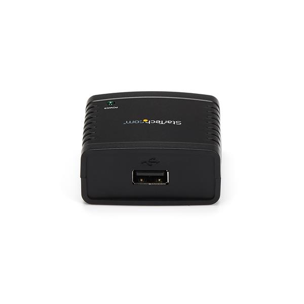 10/100Mbps Ethernet to USB 2.0 print server for multi-user printer sharing, compatible with various devices, easy setup.
