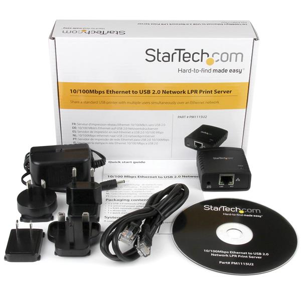 10/100Mbps Ethernet to USB 2.0 print server for multi-user printer sharing, compatible with various devices and operating systems.