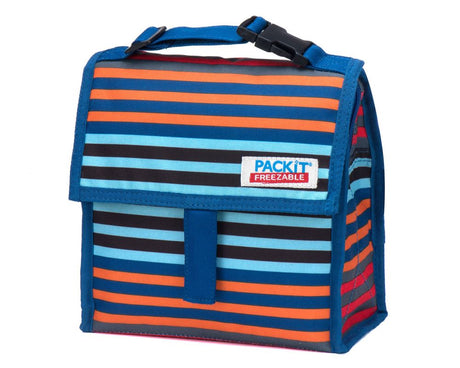 Vibrant Mini Cooler Cali Stripes, lightweight and foldable, keeps snacks and drinks cool for up to 10 hours.