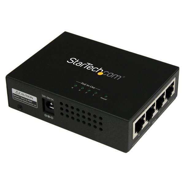 4-Port Gigabit PoE+ Injector, powers up to four devices like IP cameras and access points with 30W per port.