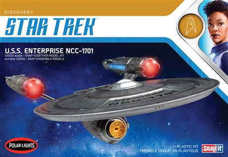 1/2500 scale model kit of Starship Discovery Enterprise by Polar Lights, includes 29 parts and detailed water-slide decals.