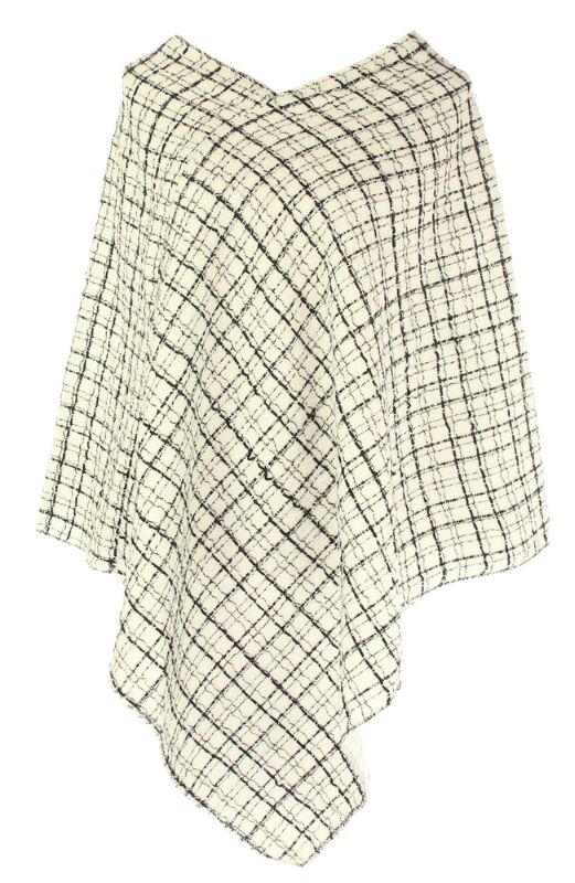 Textured Check Poncho - WHITE