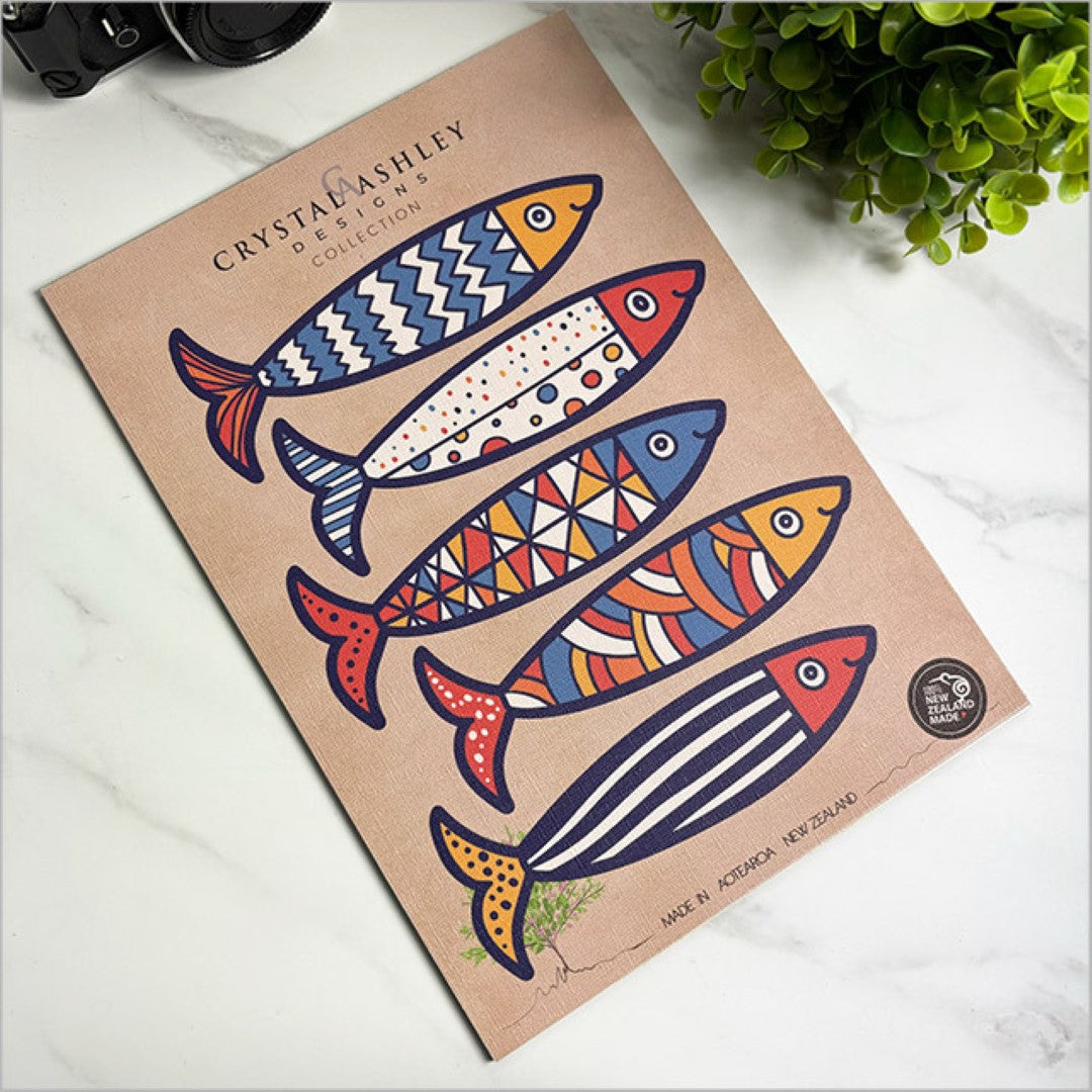 Vibrant Pop Out Fiesta Fish Set, crafted in Aotearoa, ideal for lively home decor and easy to mount.