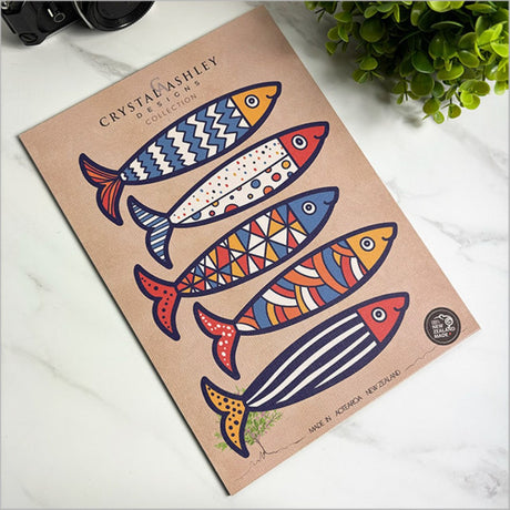 Vibrant Pop Out Fiesta Fish Set, crafted in Aotearoa, ideal for lively home decor and easy to mount.