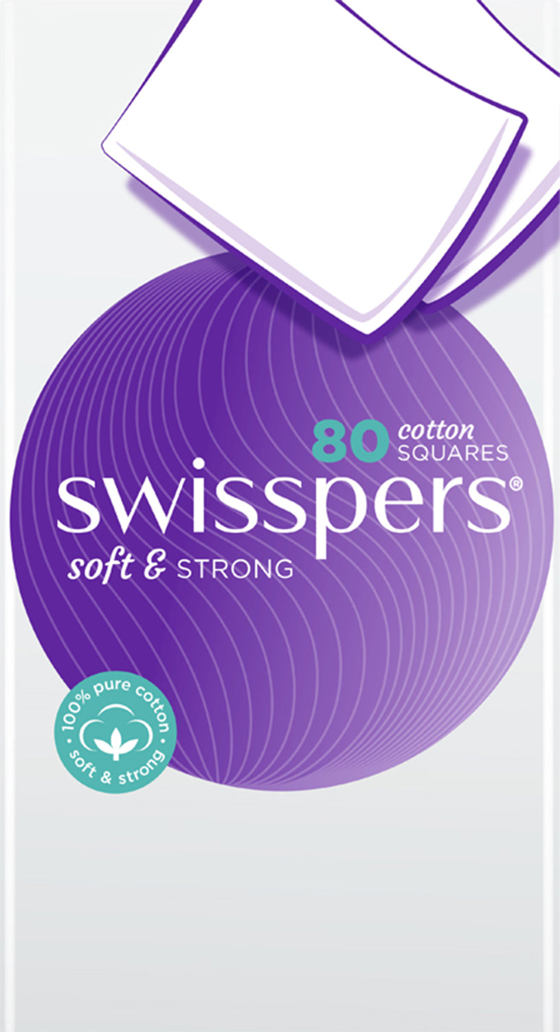 Swisspers Cotton Wool Squares 80's: ultra-soft, lint-free cotton squares for makeup application and removal, perfect for sensitive skin.