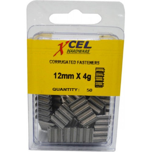 Galvanized 12mm corrugated fasteners for durable woodworking projects, comes in a pack of 50 for secure joins.