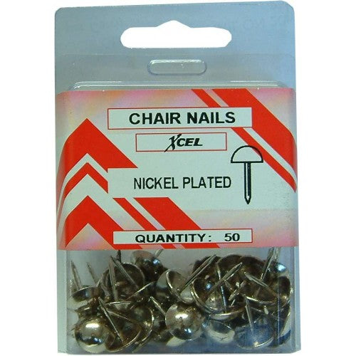 Premium nickel-plated DIY chair nails with domed heads, ideal for upholstery and decor projects, pack of 50.