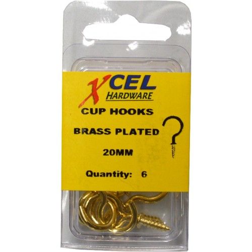 Brass plated steel cup hooks, 20mm long, ideal for organizing cups and utensils, pack of 6.