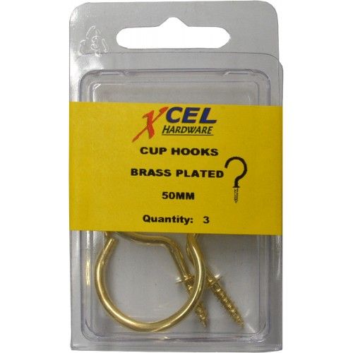 Brass-plated steel cup hooks, 50mm projection, for stylish kitchen organization and decor, pack of 3.