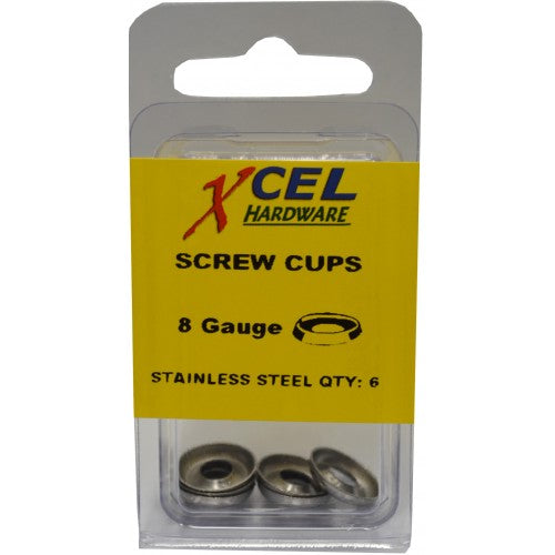 Stainless steel mini screw cup washers for 8 gauge screws, featuring a countersunk design for a flush finish.