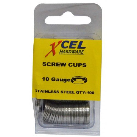 Stainless steel mini screw cup washers for 10 gauge screws, 100-pack for secure and stylish surface fastening.