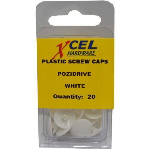 White plastic screw caps (12.5mm) in a pack of 20, perfect for concealing screws in furniture and DIY projects.
