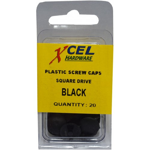 Plastic square drive screw caps in black, 12.5mm, ideal for concealing screws and enhancing project aesthetics, 20 pack.
