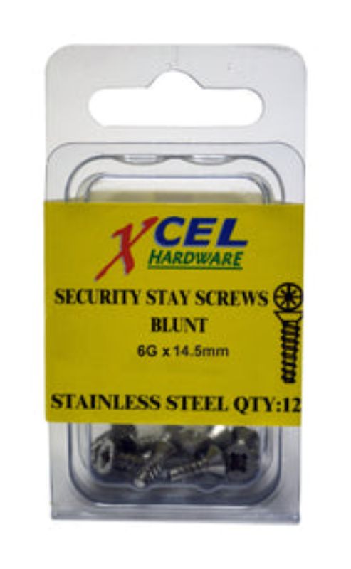 Stainless steel security stay screws for reinforced window fittings, 12-piece set, 14.5mm x 6g, blunt end design.