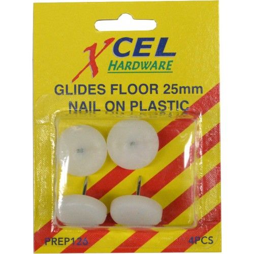 Nail-on 25mm plastic floor glides for wooden furniture, protecting floors from dents and scratches with a sleek white finish.