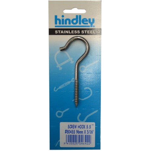 Heavy-duty Screw Hooks #804ss, 96mm long and 3/16" diameter, ideal for versatile indoor and outdoor hanging solutions.