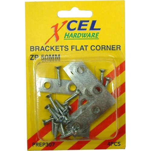 Zinc plated flat corner brackets with screws, 50mm, ideal for woodworking and metalworking projects.