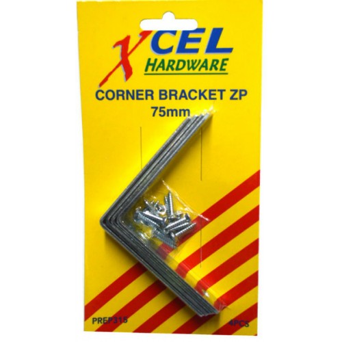 Zinc plated corner brackets with screws, 75mm, for durable furniture and shelving support.