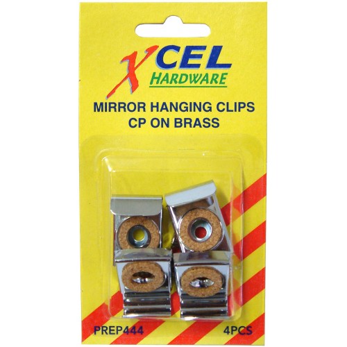 Set of 4 brass mirror hanging clips with screws, designed for securely mounting frameless mirrors stylishly.
