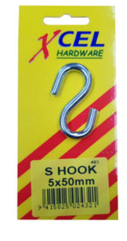 Zinc-plated 5mm x 50mm S-hook for versatile hanging and connecting, durable and corrosion-resistant for indoor/outdoor use.