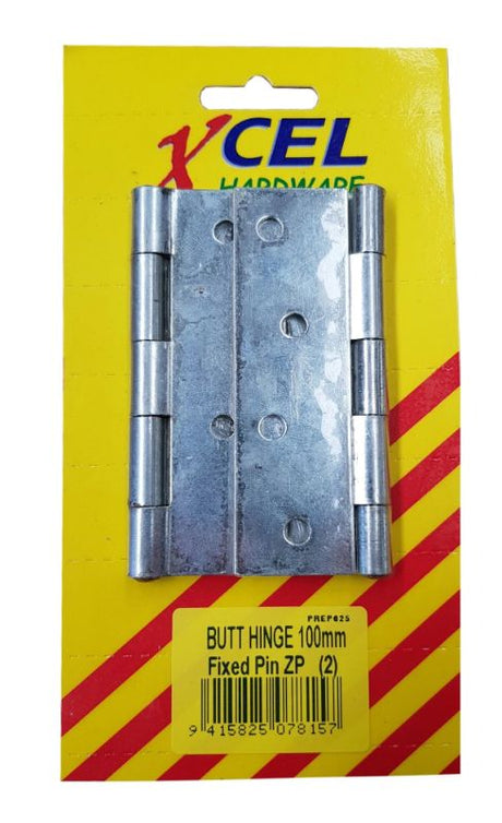 Durable 100mm zinc-plated butt hinges with fixed brass pin for secure installation in doors and cabinets.