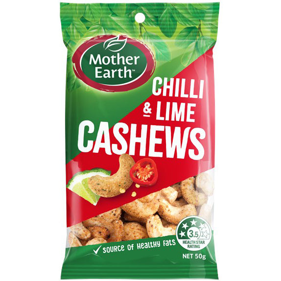 Mother Earth Chilli Lime Cashews 50g - Carton of 12