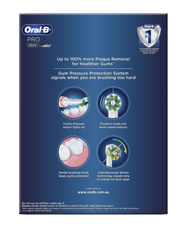 Braun Oral-B PRO 3000 Electric Toothbrush with pressure control, two-minute timer, and round head for effective cleaning.