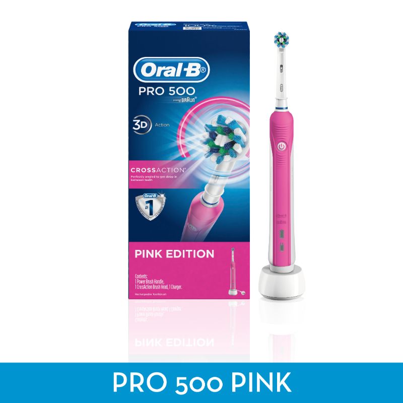Braun Oral-B Pro 500 Power Electric Toothbrush in pink, featuring round brush head for superior plaque removal and built-in timer.