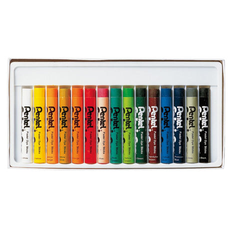 Assorted pack of 15 Pentel pastel dye sticks for vibrant fabric art, permanent colors suitable for natural fabrics.