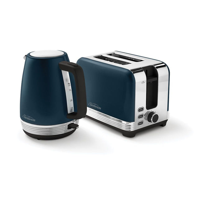 Stylish blue kettle and toaster set from Sunbeam Chic Collection, combining elegance and functionality for a modern kitchen.