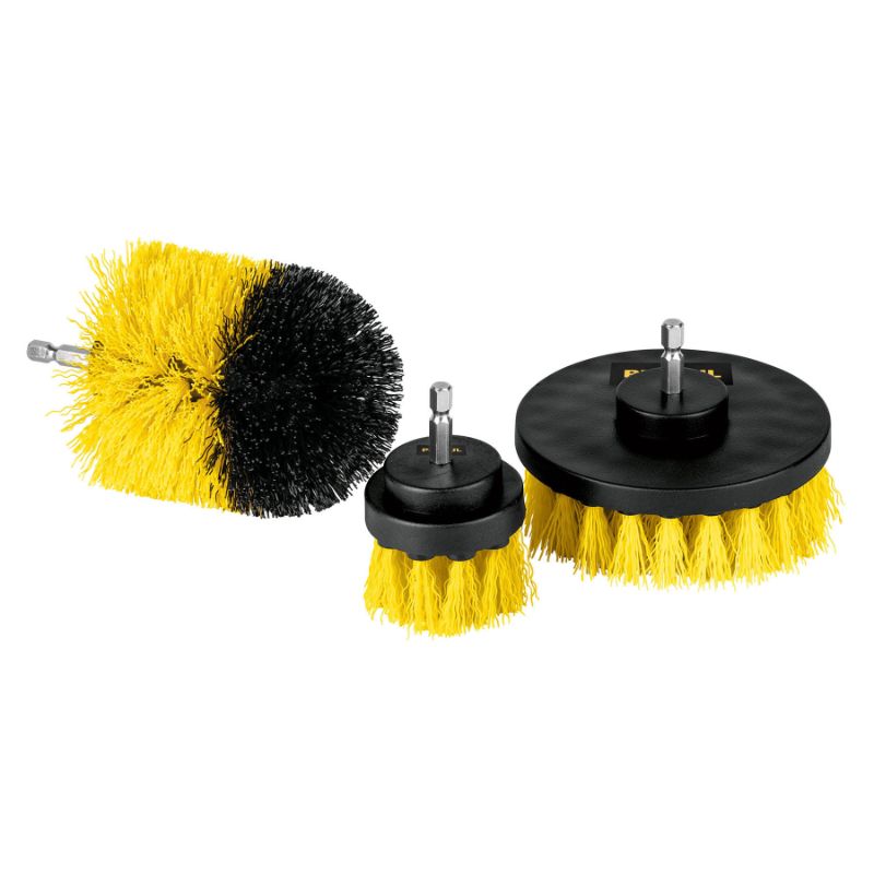 3-piece Drill Driven Cleaning Brush Set featuring durable polypropylene bristles for effective cleaning on various surfaces.