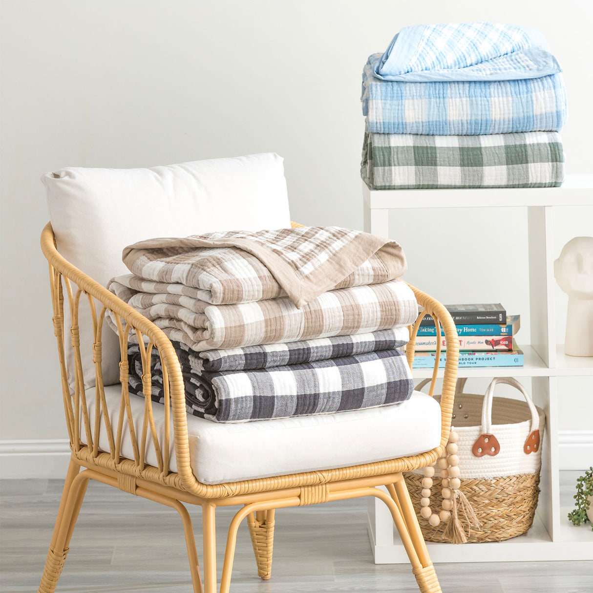 Gingham Washed Cotton Revesible Textured Blanket Single/Double French Blue