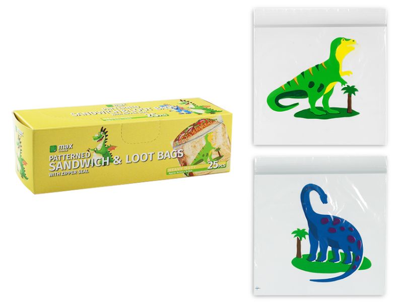 Sandwich and Zip Seal Loot Bags - Dinosaur Patterned (12 Packs)