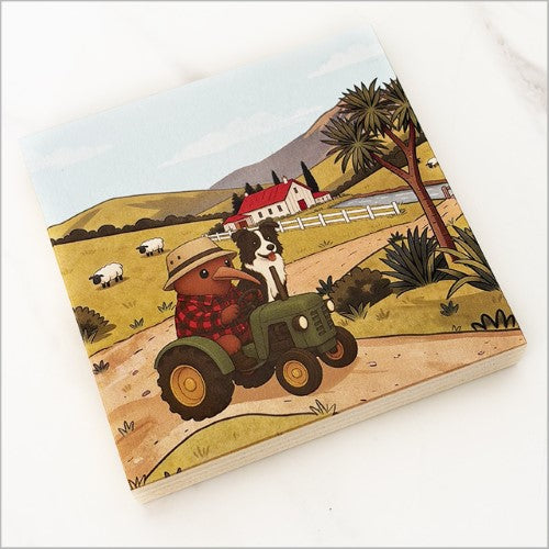 Plywood Art Block: Printed Kiwi + Tractor Squares