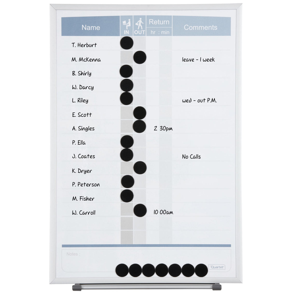 Quartet Matrix In-Out Personnel Board for tracking employee attendance, featuring a magnetic dry erase surface and up to 15 slots.
