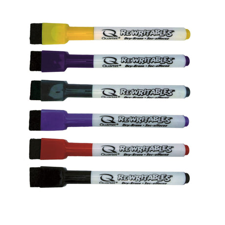 Quartet 6pk assorted dry erase markers with vibrant colors and mini erasers on cap for easy, mess-free writing.