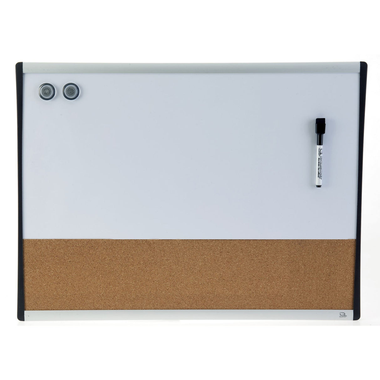 Lightweight Quartet Arc Combination Board with dual dry erase and bulletin surfaces in an elegant aluminum frame.