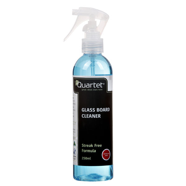 Quartet Glass Board Cleaner 250ml for streak-free cleaning of Infinity Glass Boards, removes ink, dirt, and grease easily.