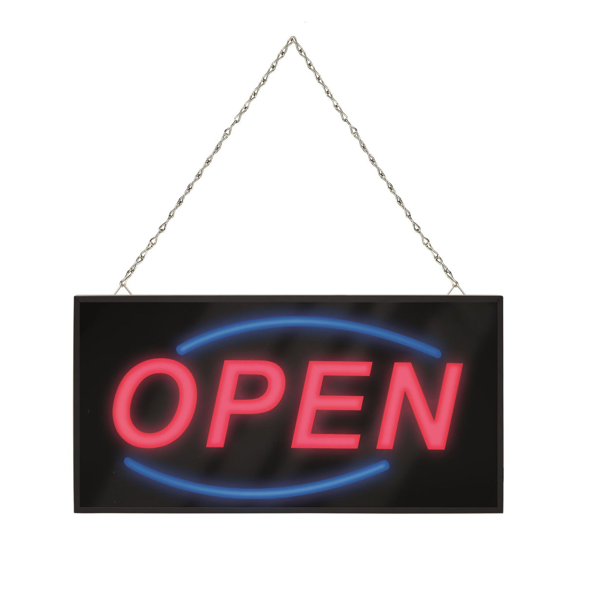 Ultra-bright Quartet LED Open Sign with hanging chain, perfect for attracting customers to your storefront.