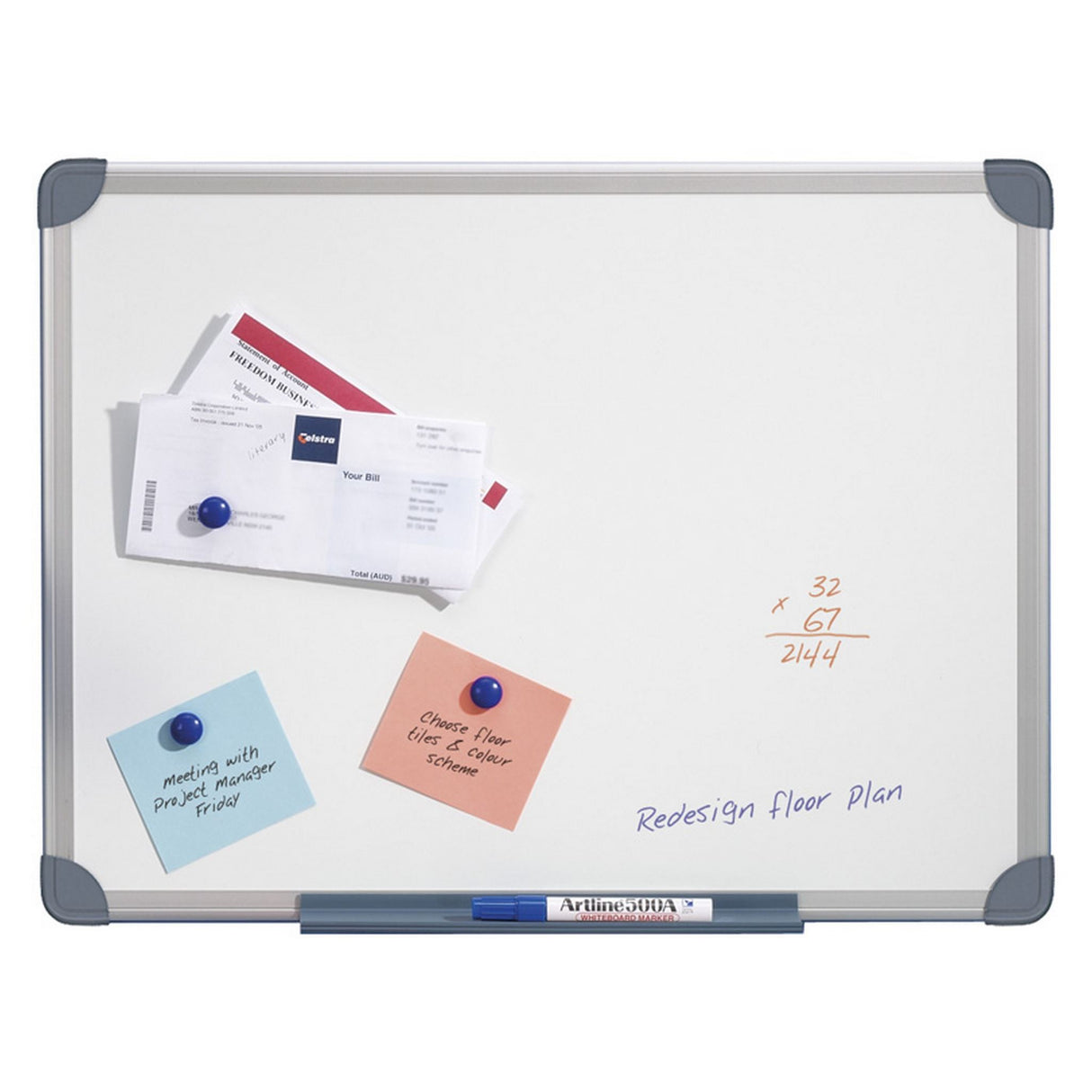 900x600mm Quartet Penrite magnetic whiteboard with aluminum frame, ideal for writing and posting notes.