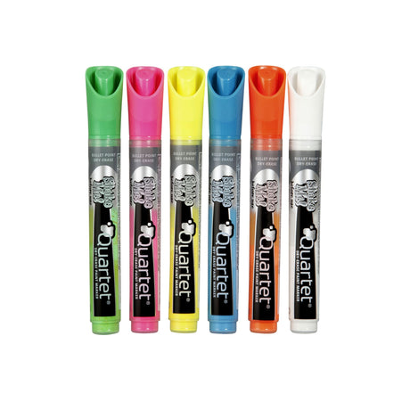 Vibrant Quartet LED Markers in assorted colors, designed for dry erase and glass surfaces, with quick-drying ink and a bullet tip.
