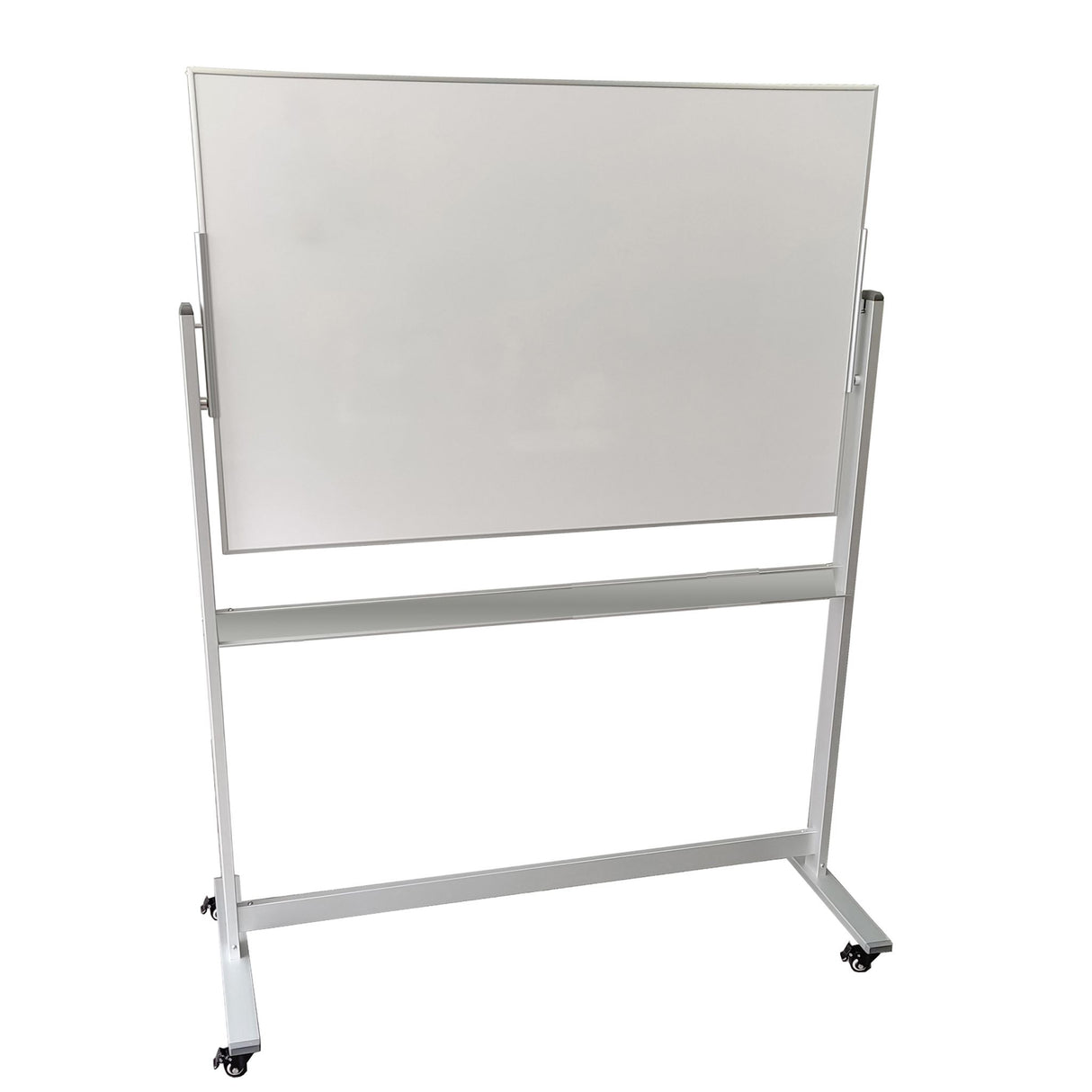 Double-sided magnetic porcelain whiteboard on a mobile stand, 1200 x 900mm with lockable castors for stability.