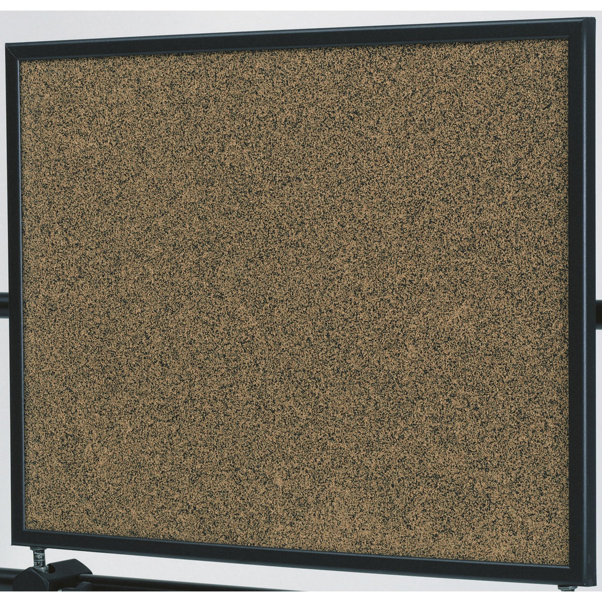 Modern black-framed cork board with self-healing surface, 900x600mm, includes colorful push pins and mounting kit.