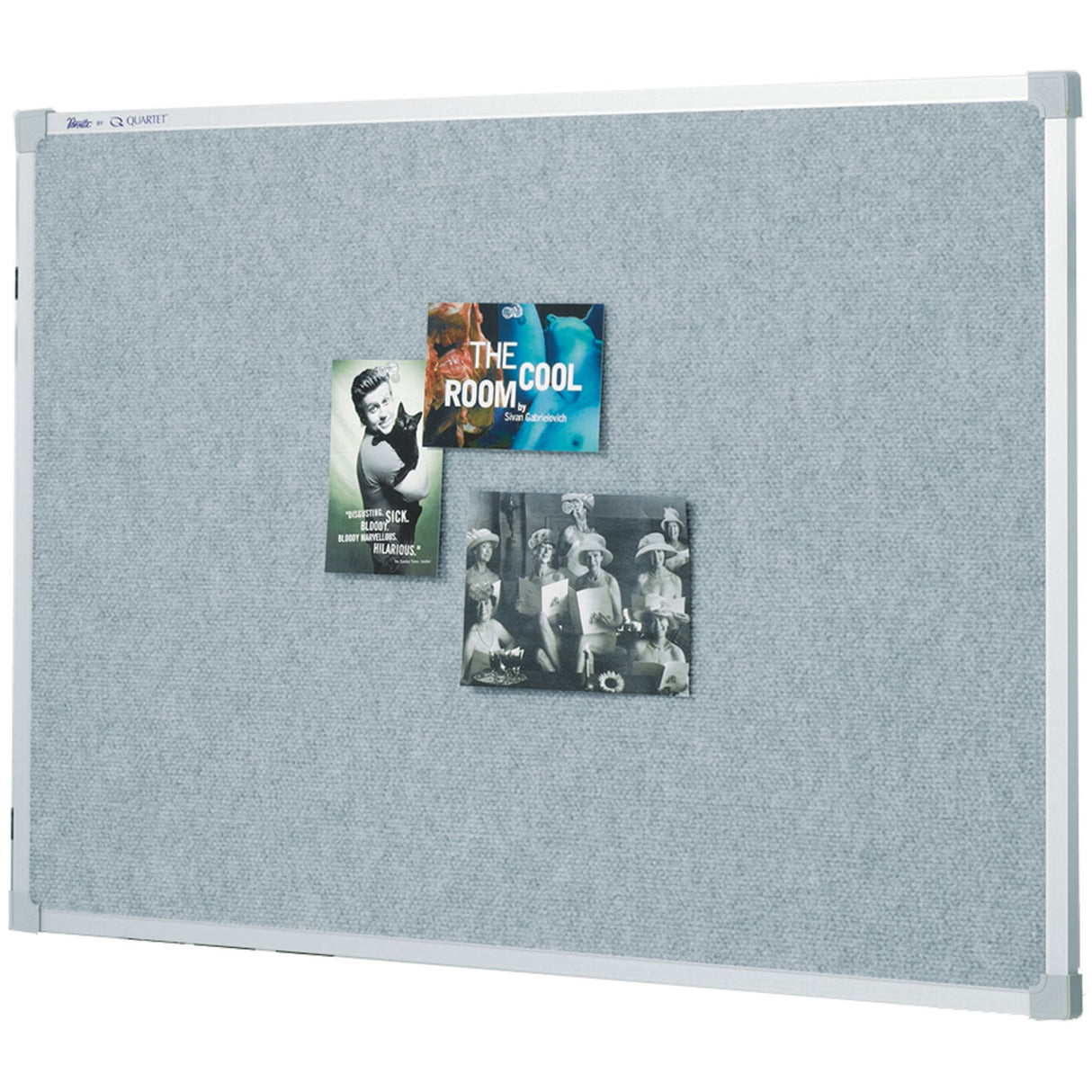Silver 900x600mm fabric pinboard with durable surface and stylish frame for posting notices and photos in offices or schools.